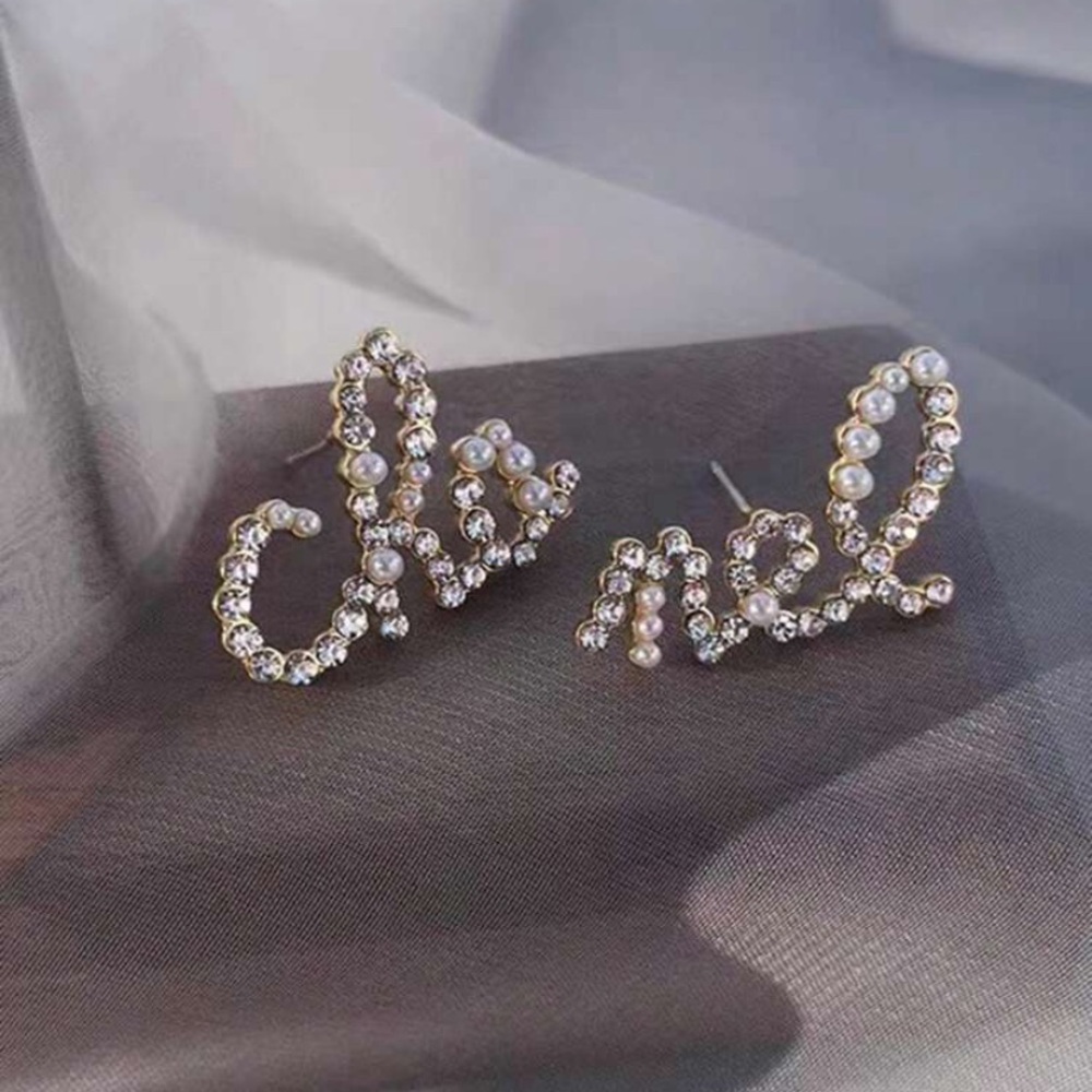CHANEL Gold Pearl and Crystal 'Love' Script Earrings